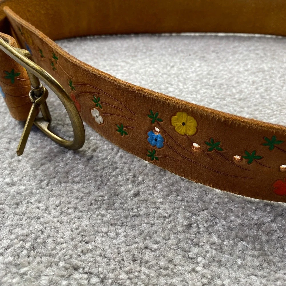 Floral Hand Painted Leather Belt Womens 30 Tan Boho Western Vintage